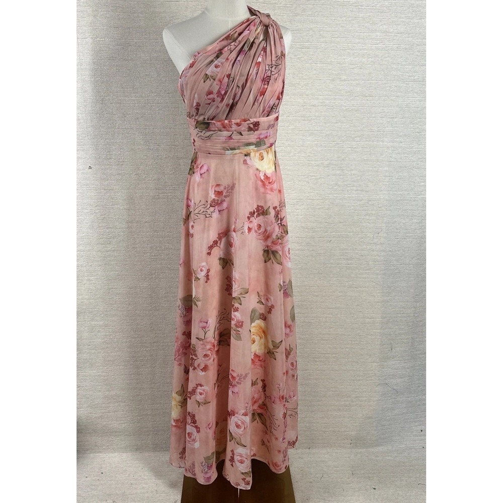 Pink Floral One Shoulder Chiffon Midi Dress Romantic Cottagecore Wedding Size 9